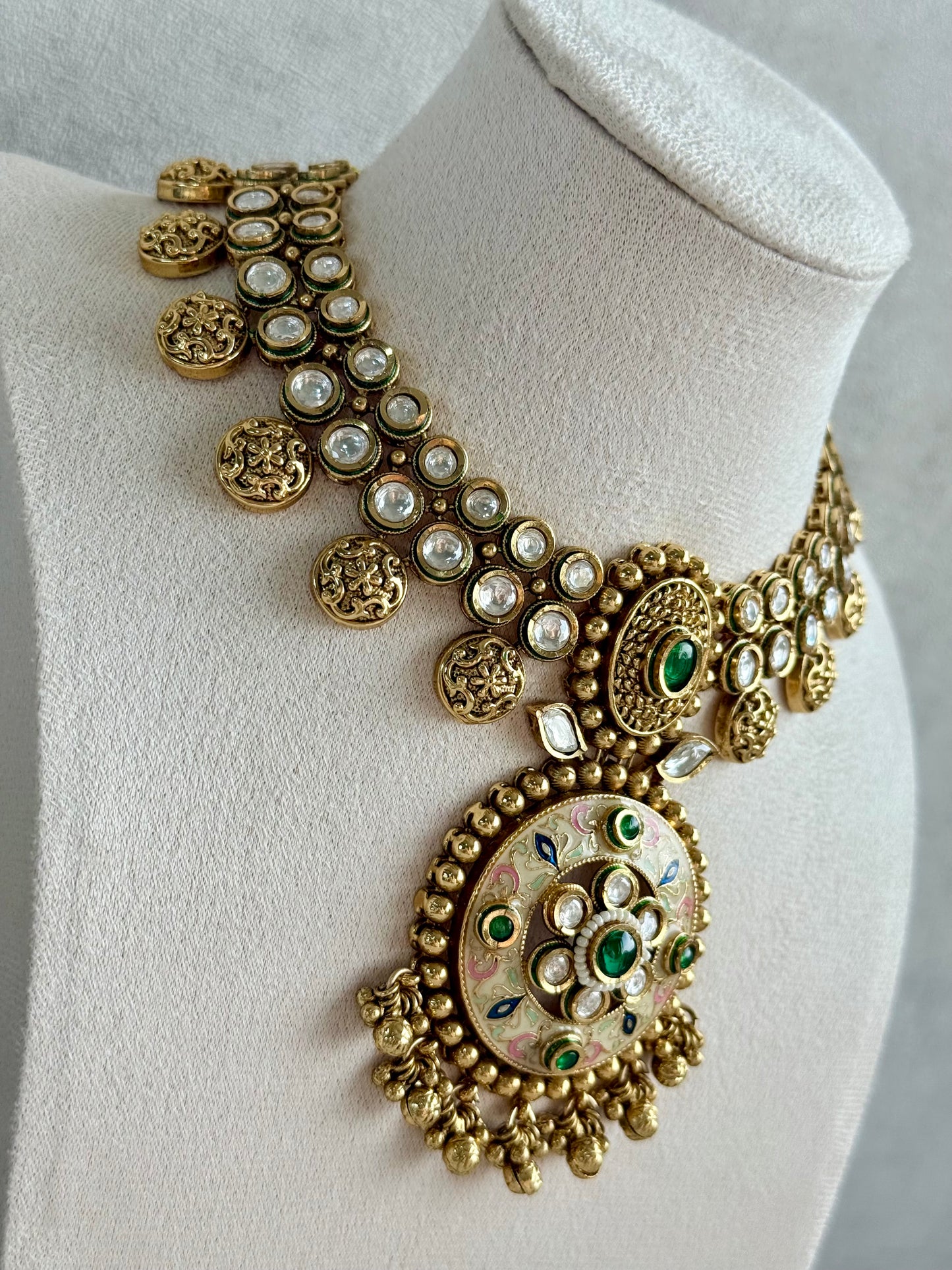 Ayura Designs Zayna Set with Necklace & Earrings – Ivory Meenakari with Emerald Green Stones