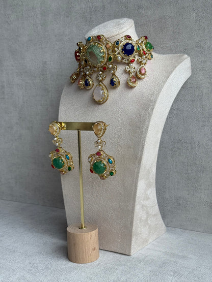 Ayura Designs Willow Choker Set – Statement Multicolour Stone Choker with Pearls & Antique Gold Detailing