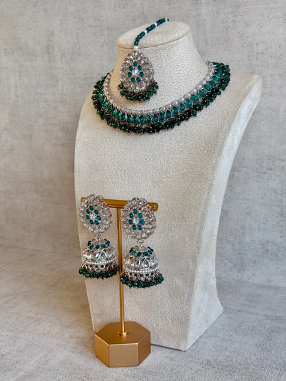 Ayura Designs Saima Set – Necklace, Jhumkis & Tikka in Peacock Green with Silver Finish