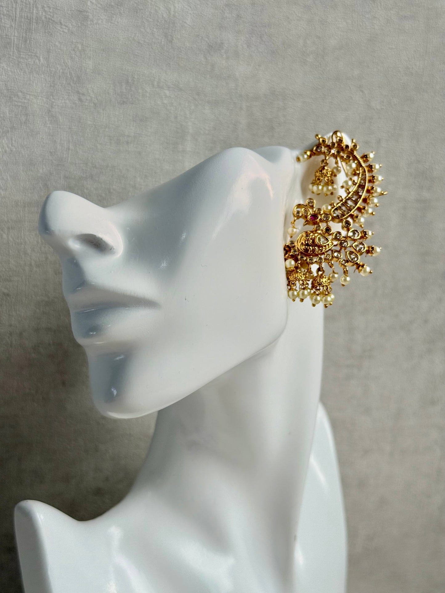 Ayura Designs Megha Half Ear Cuff Earrings – Gold Peacock Motif with Kundan Crystals, Pink Stone Accents & Pearl Jhumka Drops