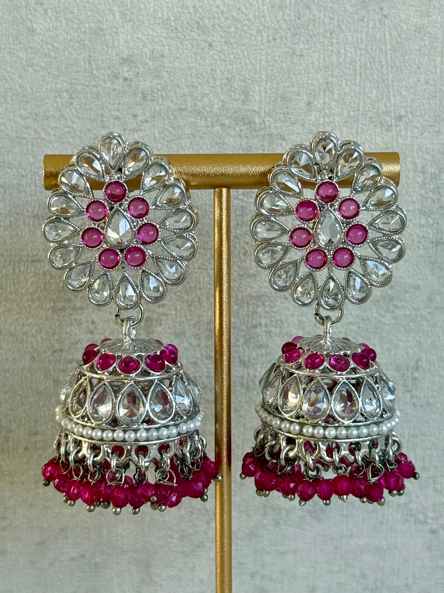 Ayura Designs Saima Set – Necklace, Jhumkis & Tikka in Fuchsia Pink with Silver Finish