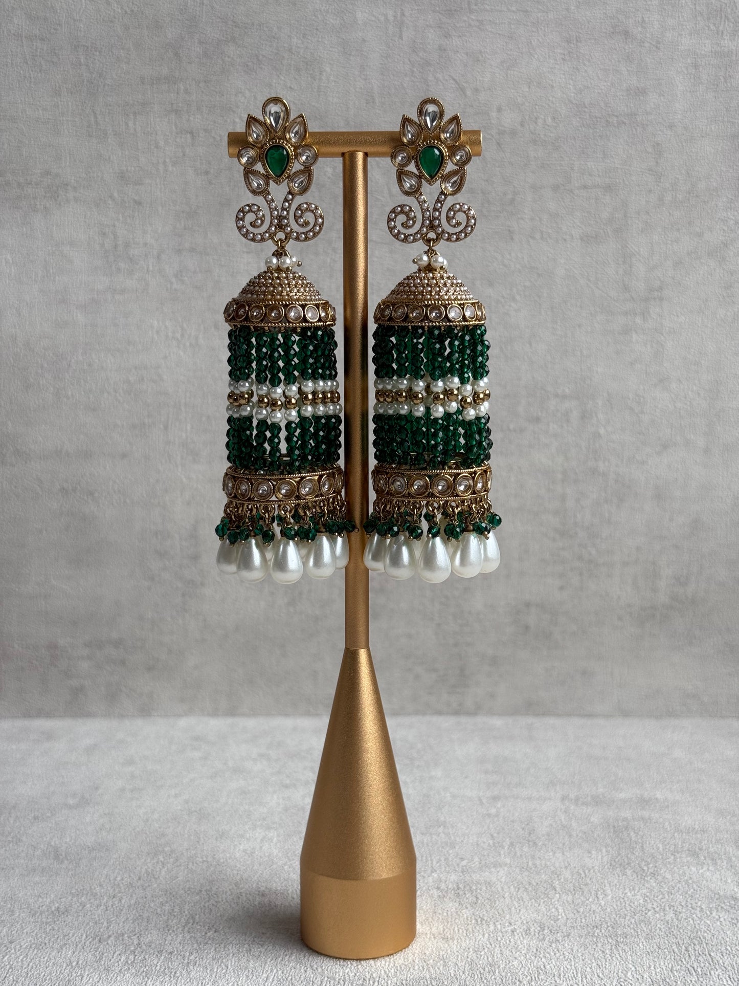 Ayura Designs Sage Earrings – Statement Jhumkis with Mirror-Cut Stones, Pearl Drops & Emerald Green Beads