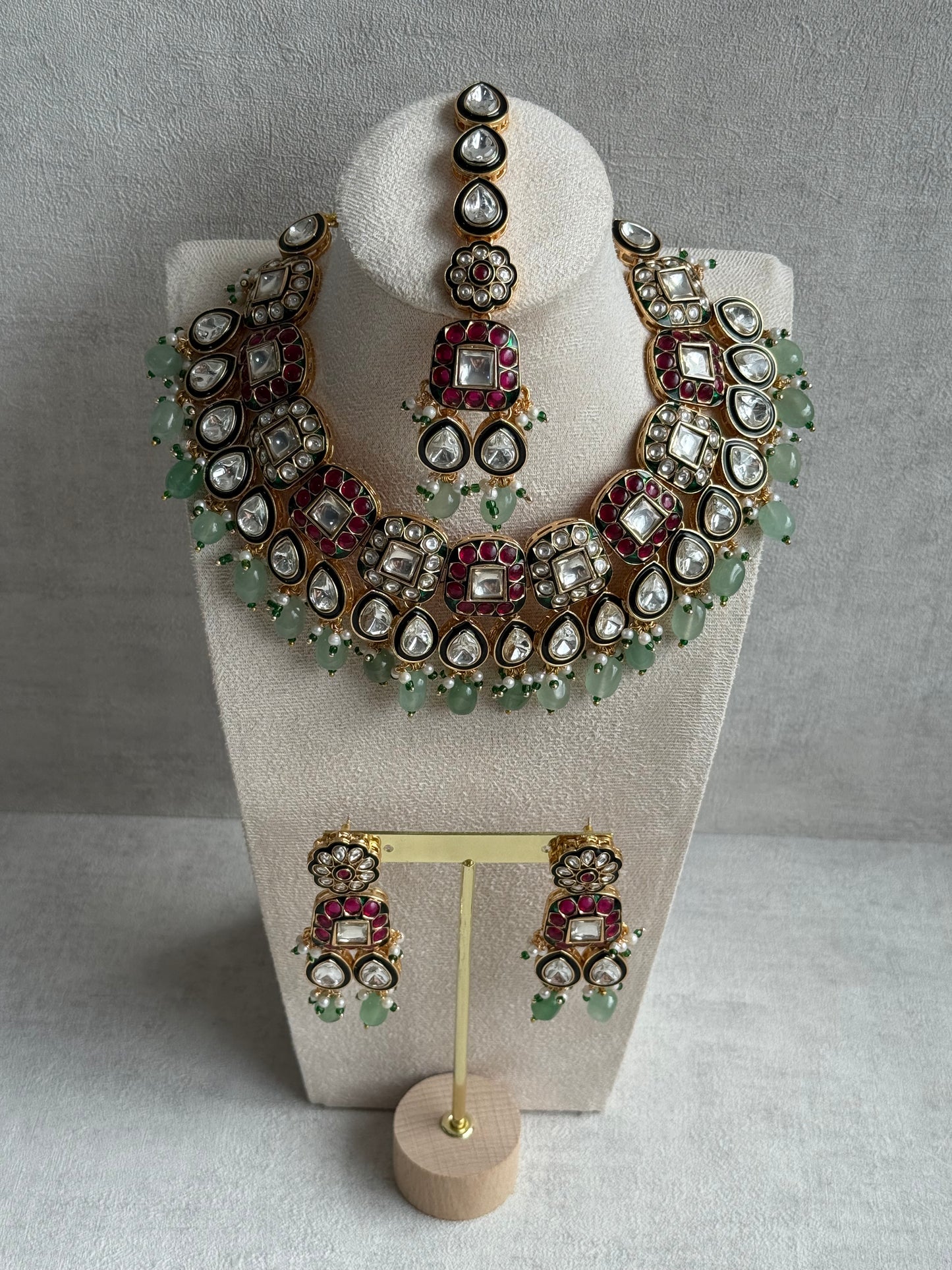 Ayura Designs Salma Set – Necklace, Earrings & Tikka with Mirror-Cut Kundan, Pink & Mint Beads, Emerald Green Meenakari & Gold Finish