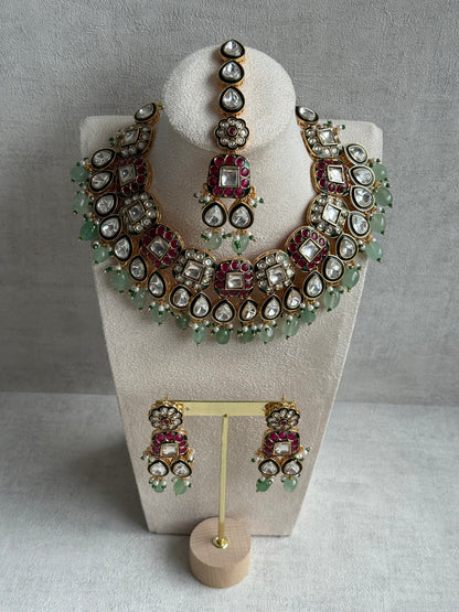 Ayura Designs Salma Set – Necklace, Earrings & Tikka with Mirror-Cut Kundan, Pink & Mint Beads, Emerald Green Meenakari & Gold Finish