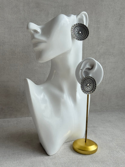 Ayura Designs Moksha Earrings – Oversized Oxidised Disc Stud Earrings with Intricate Cutwork Detailing