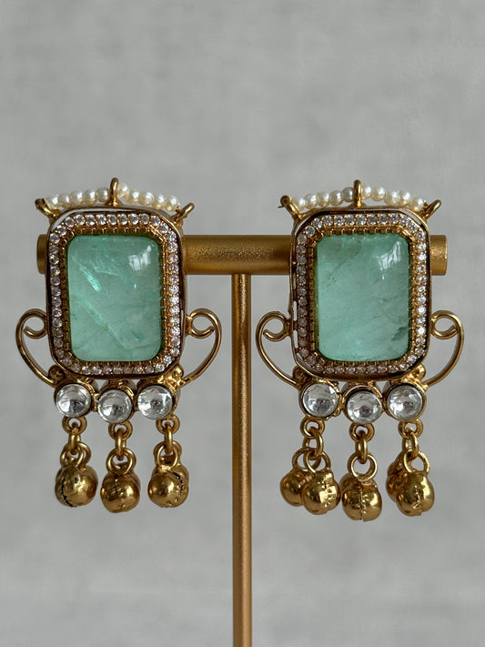 Ayura Designs Aleena Earrings – Aqua Jade Stone Stud Earrings with Pearls & Ghungroo Detailing