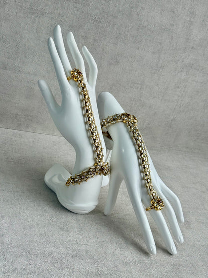 Ayura Designs Ruya Haathphool – Mirror-Cut Stones with Ruby Accents & Pearl Detailing