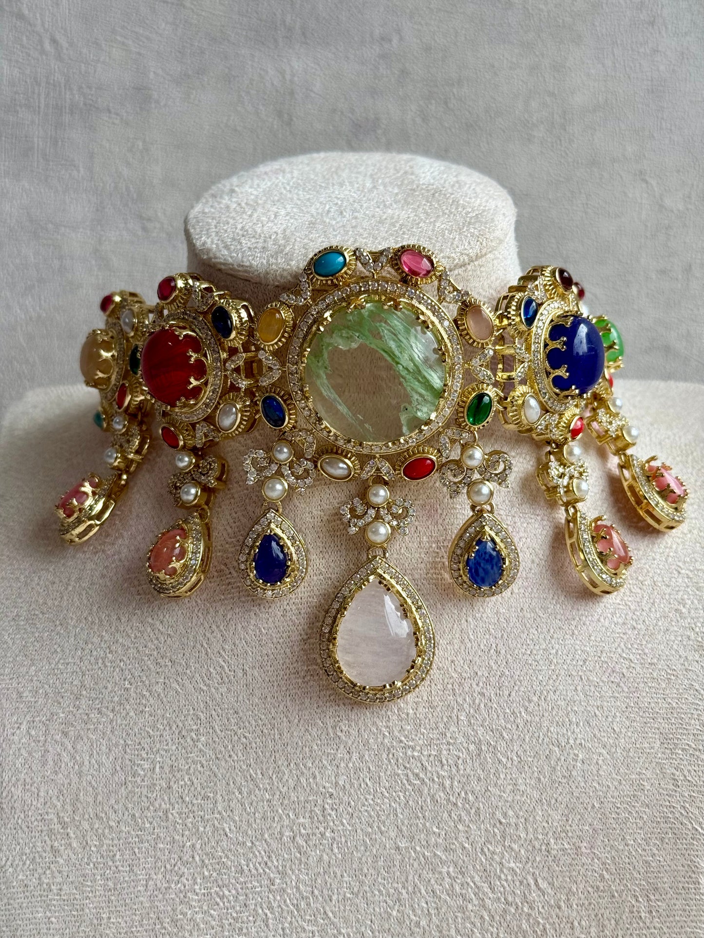 Ayura Designs Willow Choker Set – Statement Multicolour Stone Choker with Pearls & Antique Gold Detailing