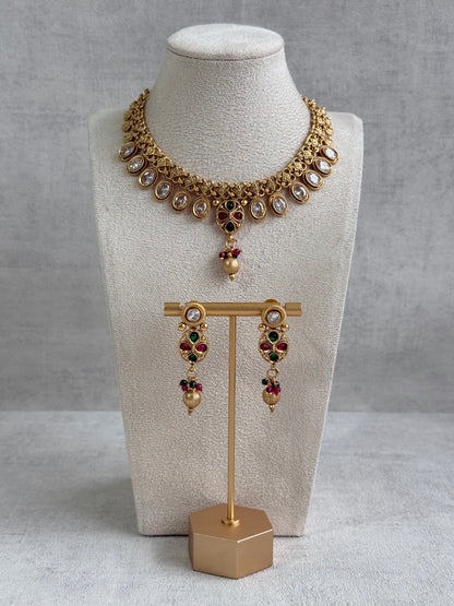 Ayura Designs Perniya Set with Necklace & Earrings – Mirror-Cut Stones with Multicolour Accents in Antique Gold Finish