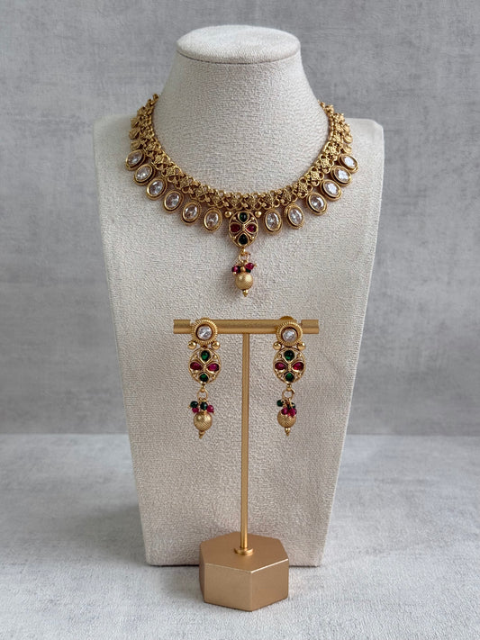 Ayura Designs Perniya Set with Necklace & Earrings – Mirror-Cut Stones with Multicolour Accents in Antique Gold Finish