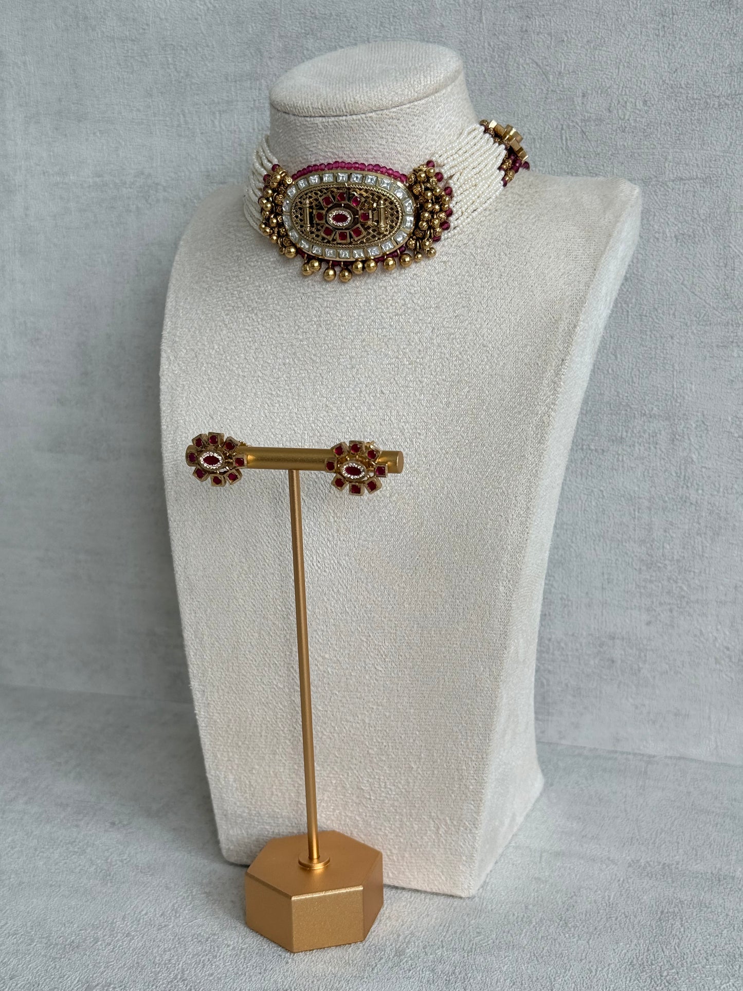 Ayura Designs Amiri Choker Set with Stud Earrings – Ruby Pink Stones, Pearl Strands & Moissanite Detailing