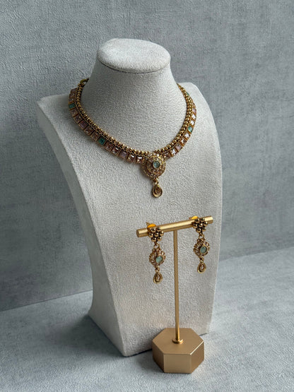 Ayura Designs Nithya Set – Gold Necklace & Earrings with Mint & Blush Stones and Mint Centre