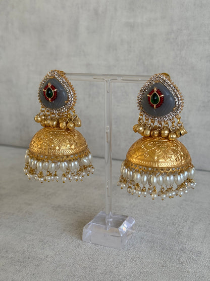 Ayura Designs Ziva Jhumkis – Handcrafted in Antique-Finish Brass with Grey Enamel Studs, Green Stone Detail & Pearl Clusters