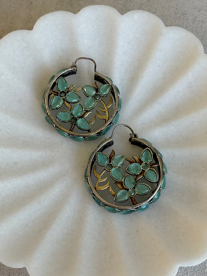 Ayura Designs Nureh Earrings – Dual Tone Floral Hoop Earrings with Mint Green Stones & Cutwork Detailing