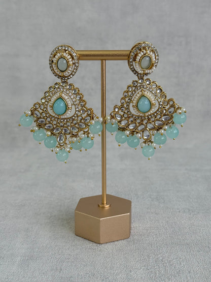 Ayura Designs Janvi Set with Necklace, Earrings & Tikka – Kundan Detailing, Aqua Blue Beads & Ivory Pearl Drops