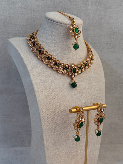 Ayura Designs Biju Set with Necklace, Earrings & Tikka – Emerald Green & Ivory Pearls, Mirror-Cut Stones, Antique Gold Finish