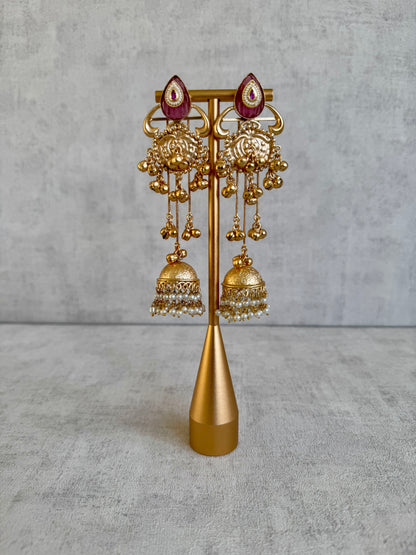 Ayura Designs Prisha Earrings – Antique Gold Jhumkas with Ruby Red Studs, Pearl Detailing & Long Dangling Chains