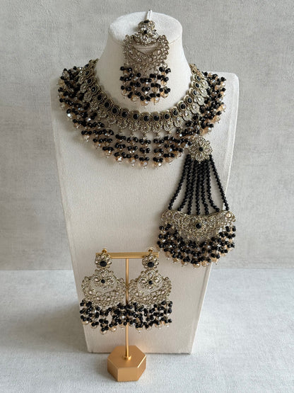 Ayura Designs Dilnaz Necklace Set with Earrings, Tikka & Passa – Black & Champagne Crystal Beads & Antique Gold Finish