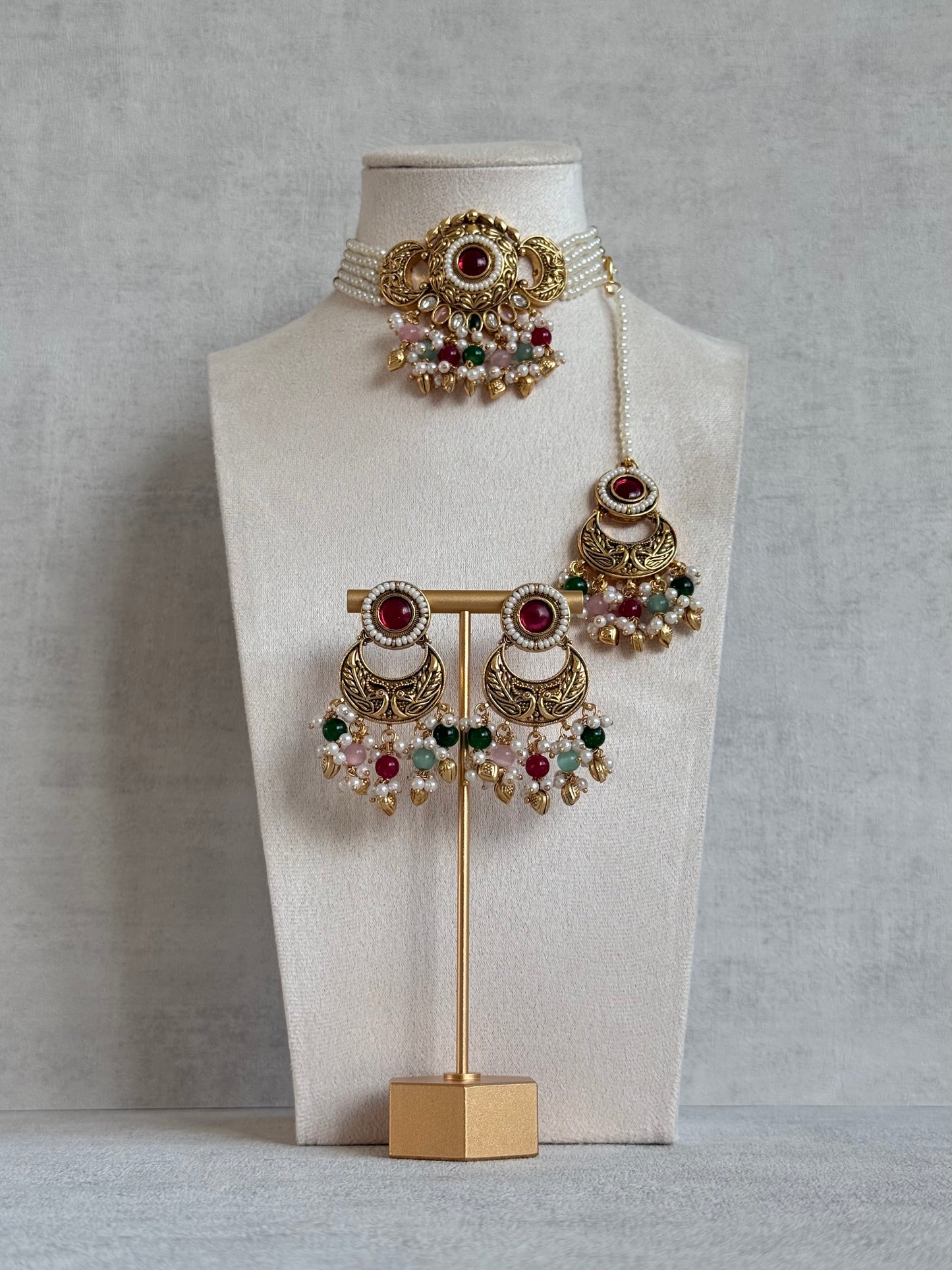 Ayura Designs Mehr Choker Set with Earrings & Tikka – Multicolour Beads, Ruby Pink Centre Stones, Pearl Strands & Antique Gold Finish