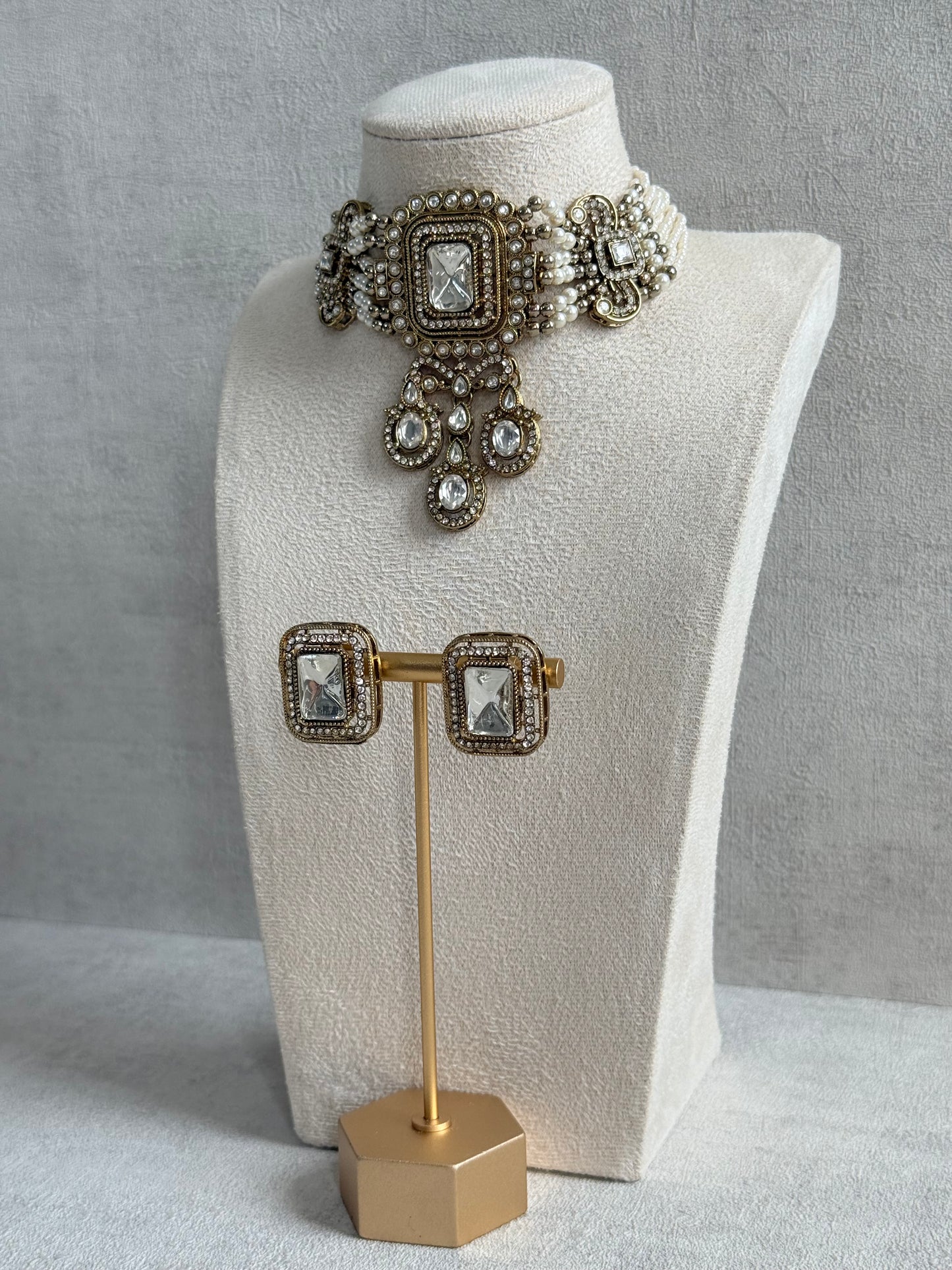Ayura Designs Nabiha Choker Set with Studs – Ivory Pearl, Crystal Detailing & Gold Finish