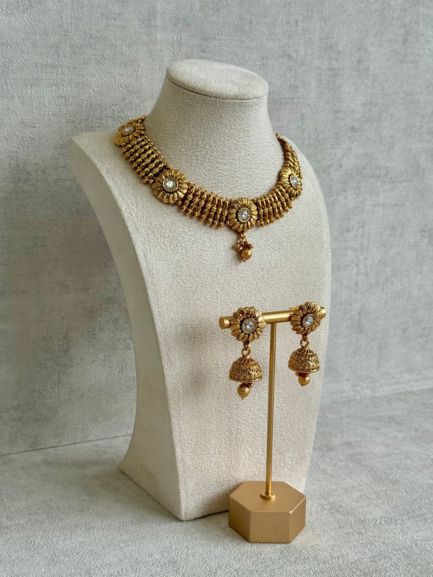 Ayura Designs Arisa Choker Set with Jhumkis – Antique Gold Floral Motifs with Ghungroo Drops