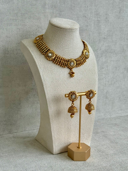 Ayura Designs Arisa Choker Set with Jhumkis – Antique Gold Floral Motifs with Ghungroo Drops