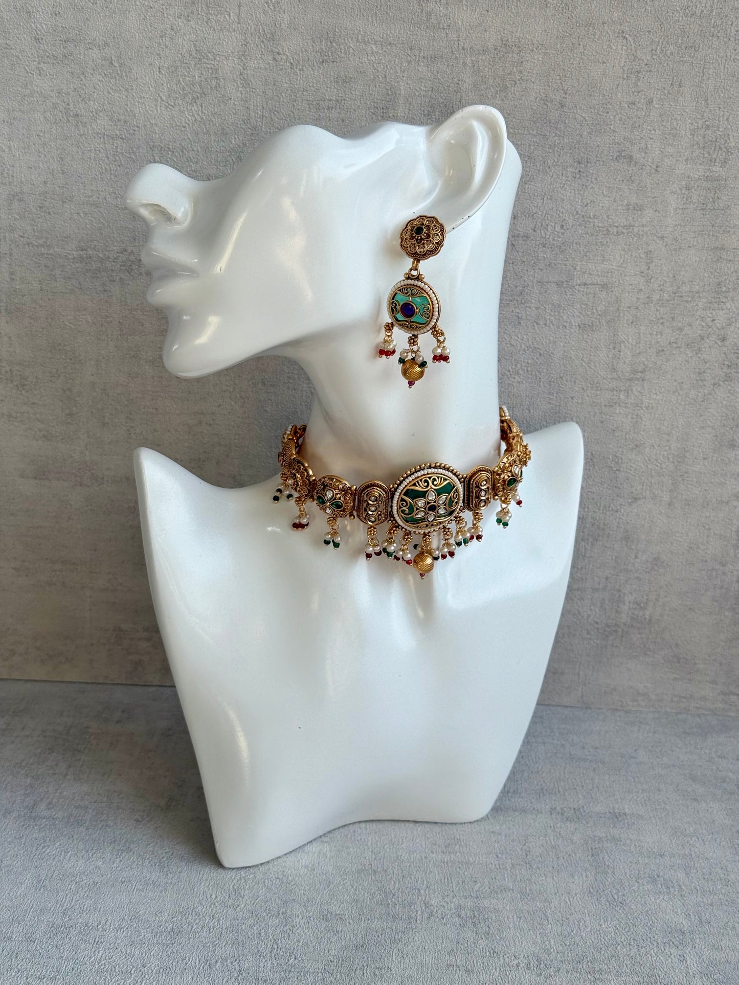 Ayura Designs Haya Choker Set with Stud Earrings – Emerald Enamel with Rani Pink Stones and Pearl Drop Detailing