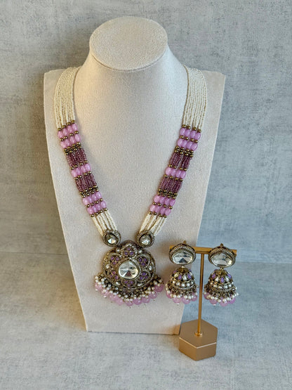 Ayura Designs Brielle Set – Necklace & Jhumkis with Mirror-Cut Stones, Dual-Tone Lilac & Ivory Beads