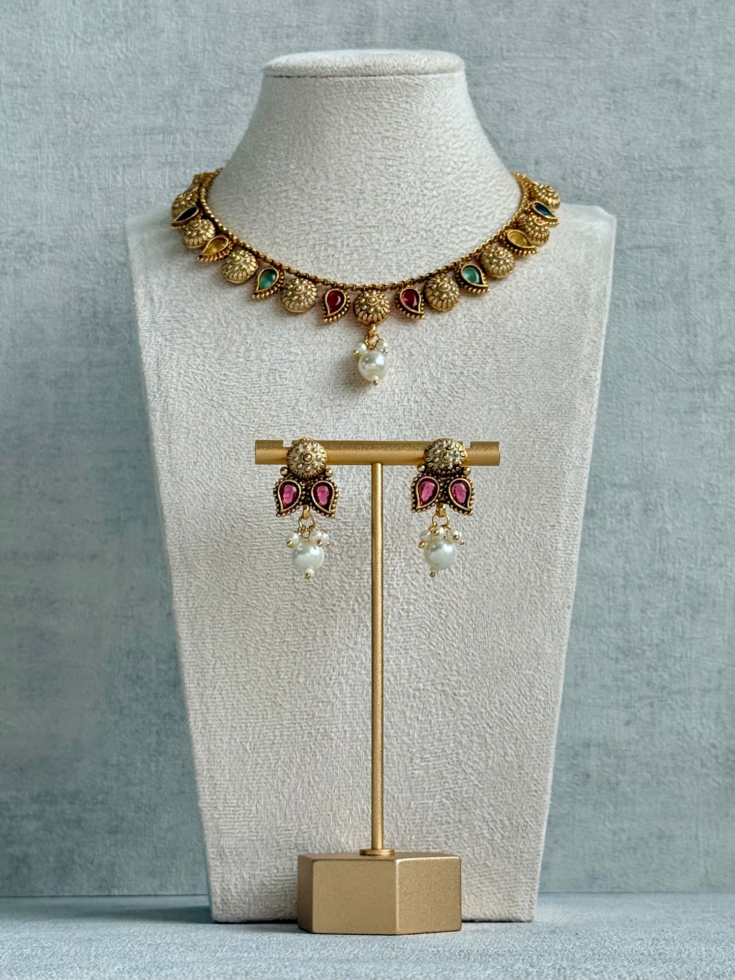 Ayura Designs Mayura Necklace Set with Earrings – Antique Gold Meenakari Motifs with Pearl Drop & Multicolour Stones