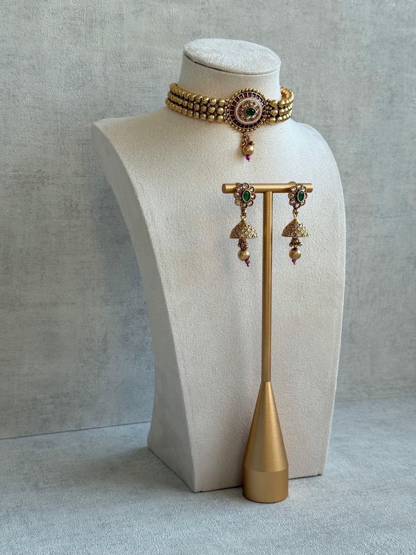Ayura Designs Kavish Choker Set – Antique Gold Choker with Jhumkis in Rani Pink & Emerald Green with Pearl Detailing