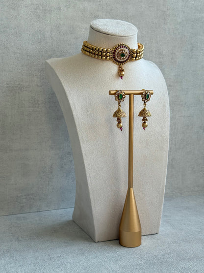 Ayura Designs Kavish Choker Set – Antique Gold Choker with Jhumkis in Rani Pink & Emerald Green with Pearl Detailing