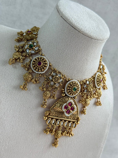 Ayura Designs Kriti Necklace Set with Earrings – Antique Gold Multicolour Kundan Design with Pearls & Ghungroo Detailing