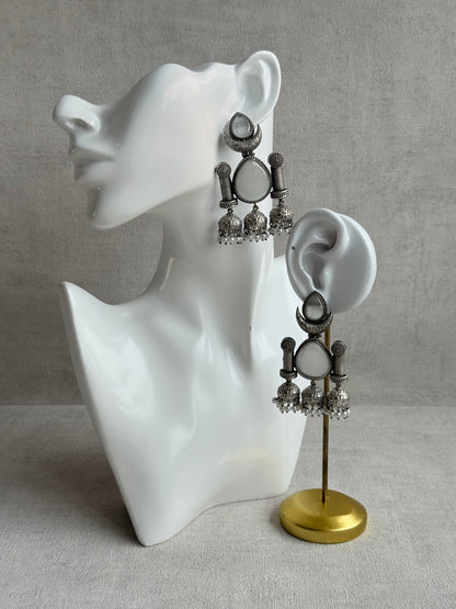 Ayura Designs Qissa Earrings – Oxidised Triple Jhumki Earrings with Opal Grey Stones & Pearl Detailing