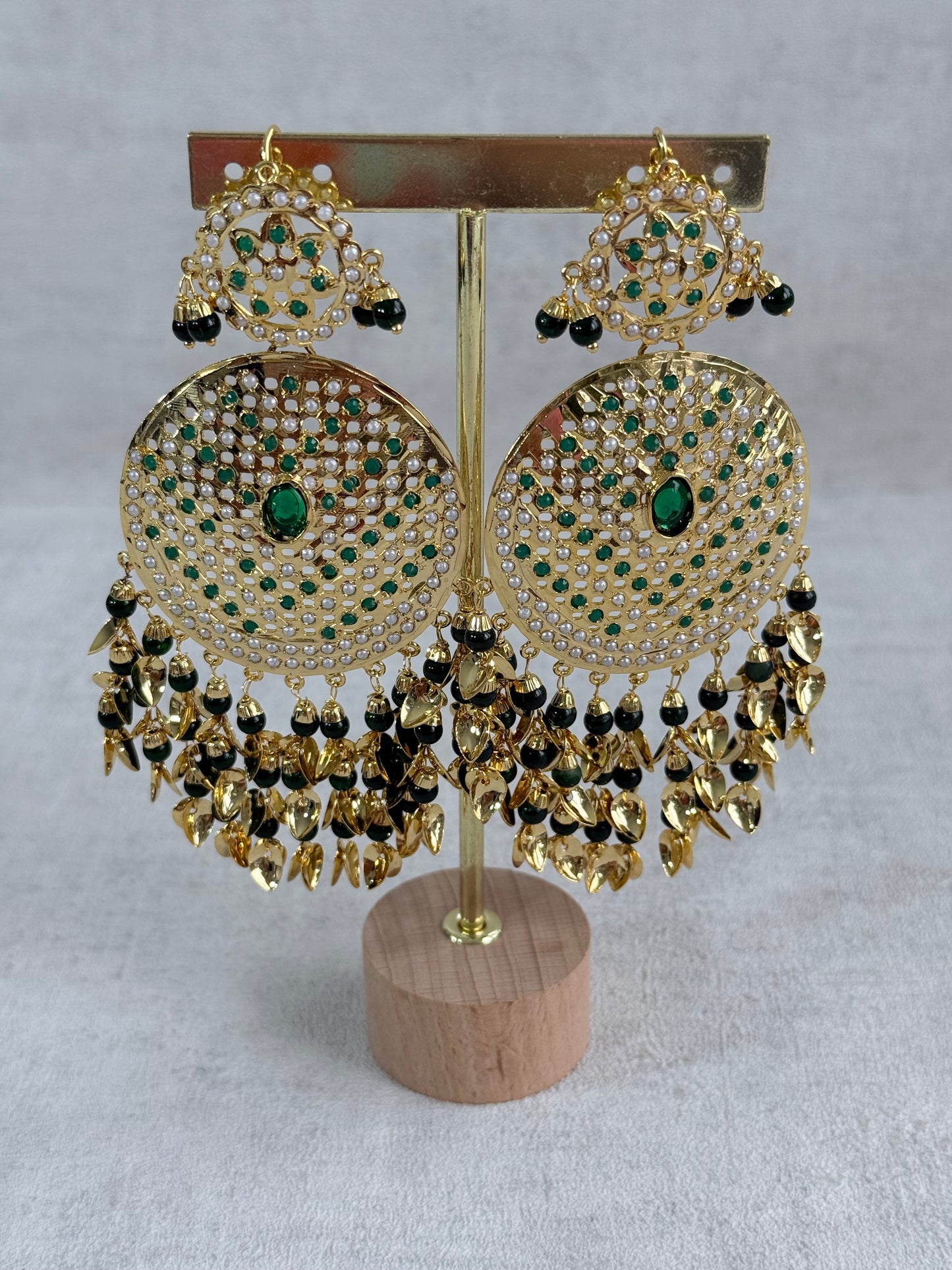 Ayura Designs Seerat Earrings – Emerald Green Gold Pippal Patti Design with Pearls