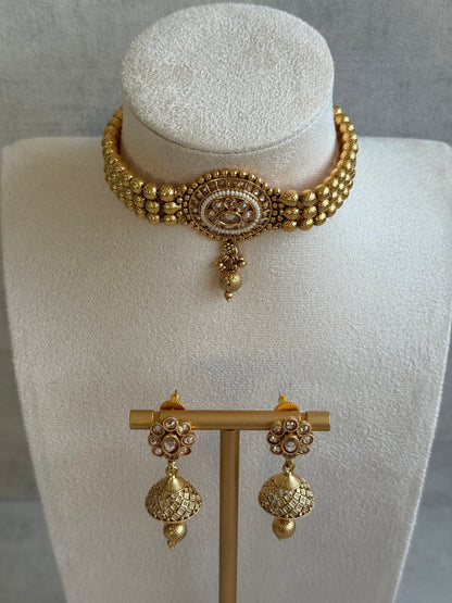 Ayura Designs Kavish Choker Set – Antique Gold Choker with Jhumkis in Champagne Stones & Pearl Detailing