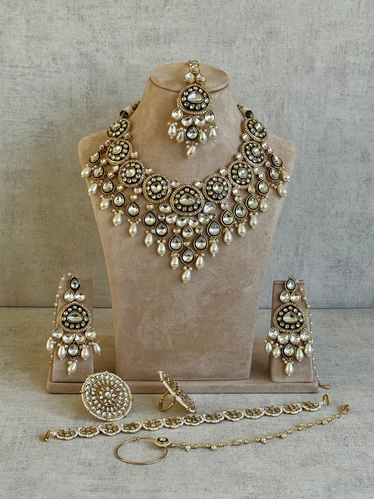 Ayura Designs Sultana Bridal Set with Necklace, Jhumkis, Tikka, Nath, Ring & Sheeshphool – Jadau Kundan Craftsmanship with Mirror-Cut Polki Stones, Ivory Pearls & Antique Gold Finish