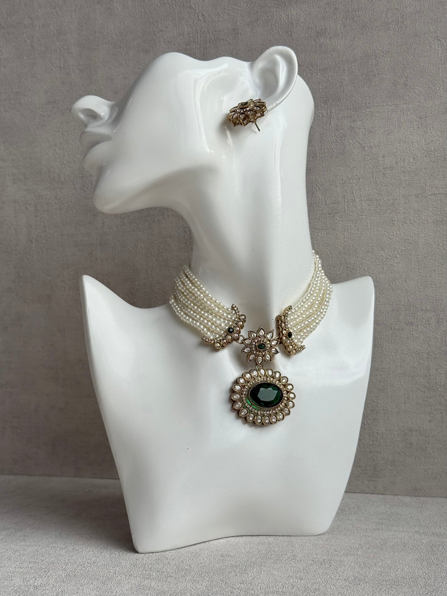 Ayura Designs Amaya Necklace Set with Studs – Antique Finish in Emerald Green Stones with Pearl Strands