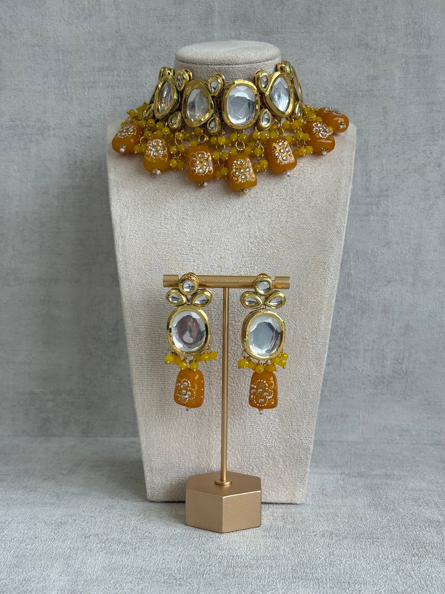 Ayura Designs Gyan Set With Choker And Earrings – Kundan Stones And Mustard Yellow Meenakari Drops