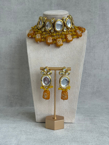 Ayura Designs Gyan Set With Choker And Earrings – Kundan Stones And Mustard Yellow Meenakari Drops