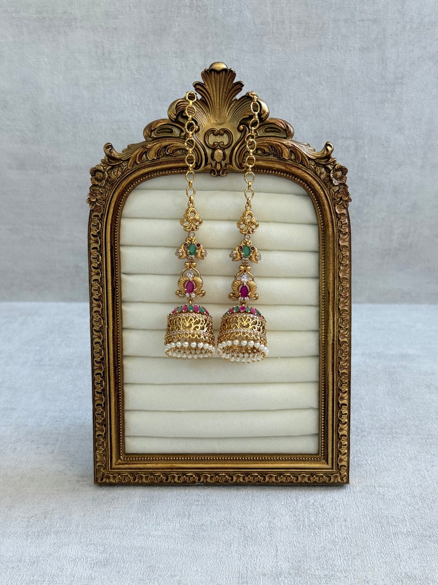 Ayura Designs Alar Jhumkis – Ear Climber in Antique Gold with Emerald & Pink Stones and Pearl Drops