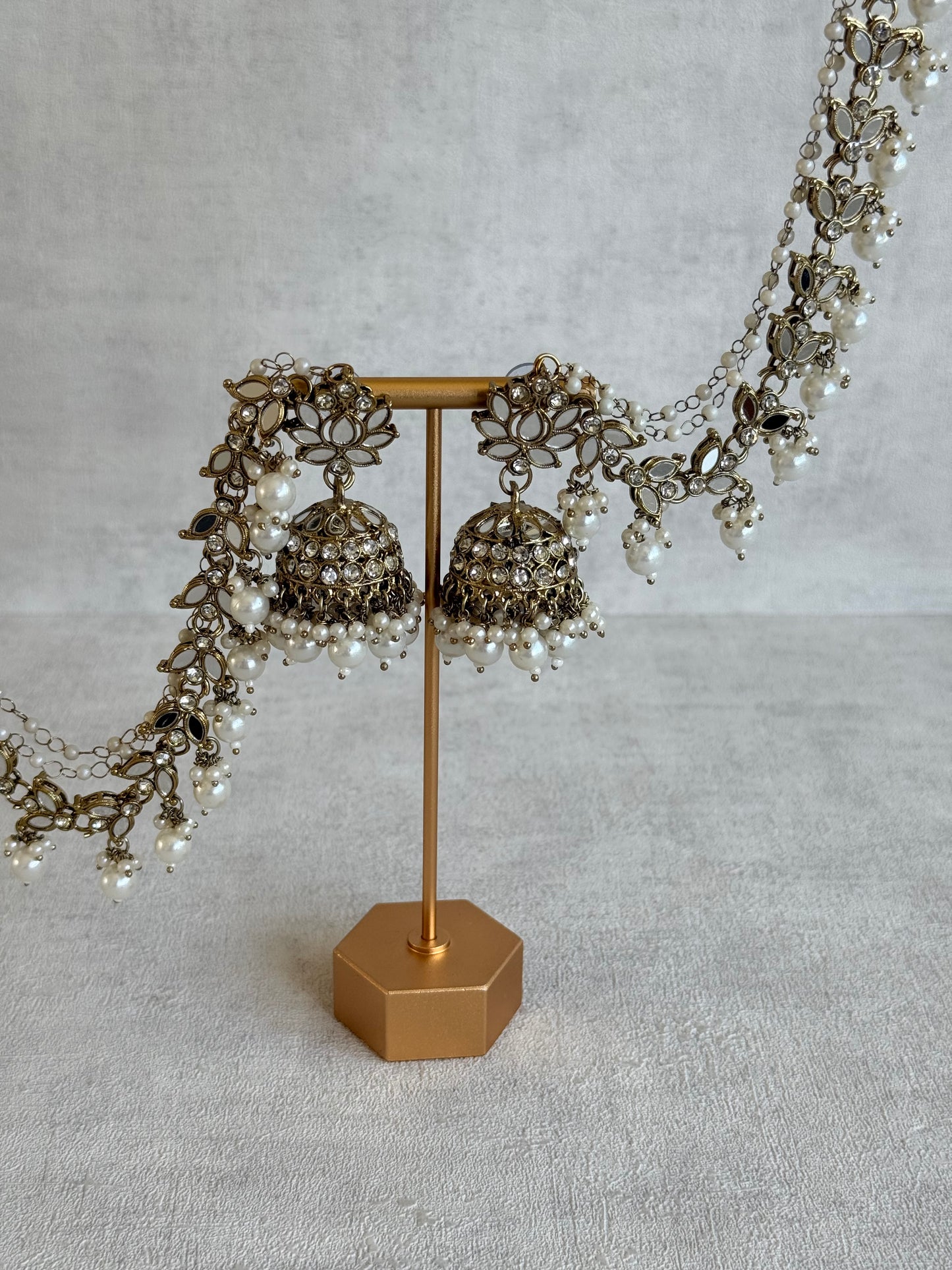 Ayura Designs Sheesh Jhumkis with Sahare – Mirror Kundan Pearl Jhumkis