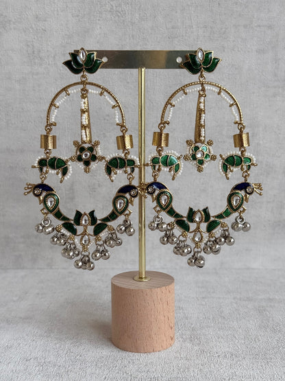 Ayura Designs Zoonpari Earrings – Emerald Green & Blue Meenakari Peacock Chandeliers in Dual Tone with Ghungroos
