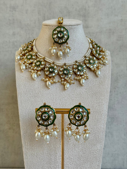 Ayura Designs Faizana Set with Earrings & Tikka – Floral Green Enamel, Mirror-Cut Kundan Stones, Pearls & Beads