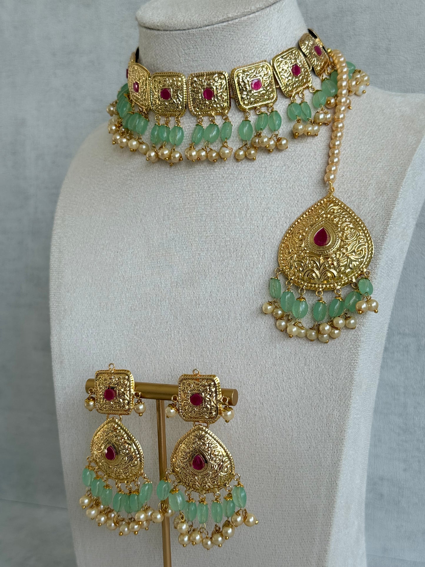 Ayura Designs Chetna Choker Set with Earrings & Tikka – Mint Green Beads, Cream Pearl Drops with Pipal Patti Detailing