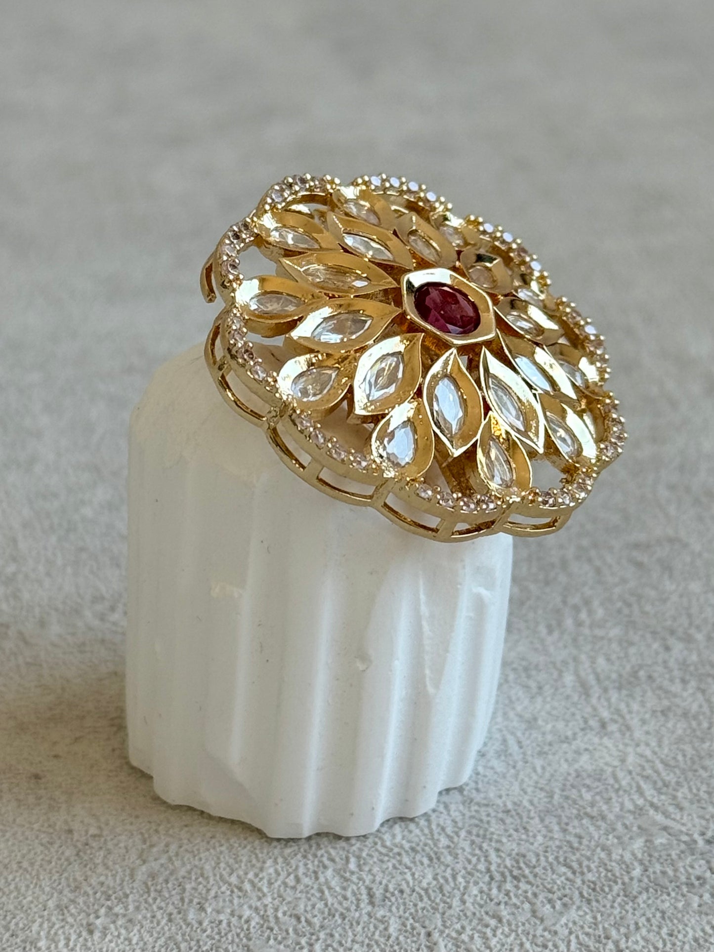 Ayura Designs Elisa Adjustable Ring – Moissanite Floral Ring with Rani Pink Centre & Crystal Border