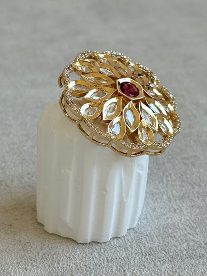 Ayura Designs Elisa Adjustable Ring – Moissanite Floral Ring with Rani Pink Centre & Crystal Border