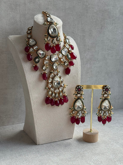 Ayura Designs Serhat Set – Necklace, Earrings & Tikka with Ruby Red Beads, Green Meenakari, Mirror-Cut Polki Stones & Gold Finish