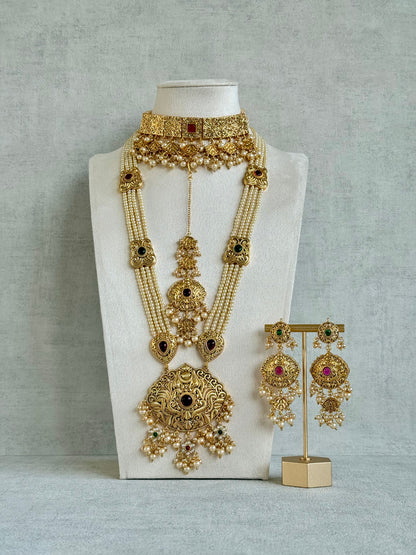 Ayura Designs Maharani Bridal Set with Choker, Haar, Earrings & Tikka – Antique Gold with Pink Stones & Pearl Detailing