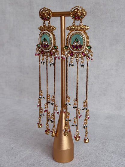 Ayura Designs Kaveri Earrings – Gold Long Chain Drop Earrings with Kundan, Pearls & Ghungroo Detailing – Mint Green