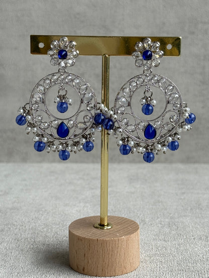 Ayura Designs Rija Set – Necklace, Earrings & Tikka with Ink Blue Beads, Mirror-Cut Stones & Silver Finish